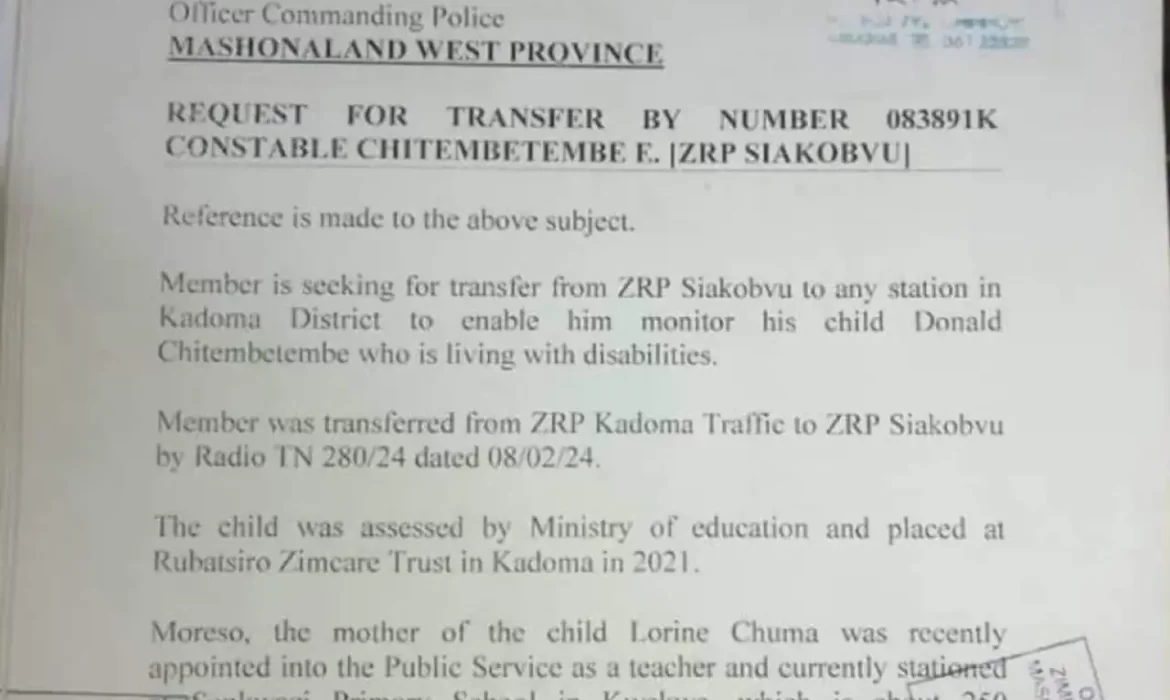 ZRP Boss Saves Police Officer Asked To Resign After Requesting Transfer To Care For Disabled Child
