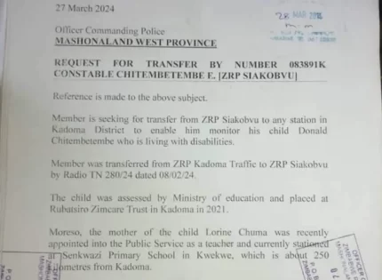 ZRP Boss Saves Police Officer Asked To Resign After Requesting Transfer To Care For Disabled Child