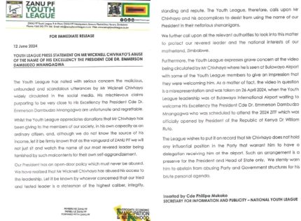 Zanu PF Youth League Fires Back at Wicknell Chivayo