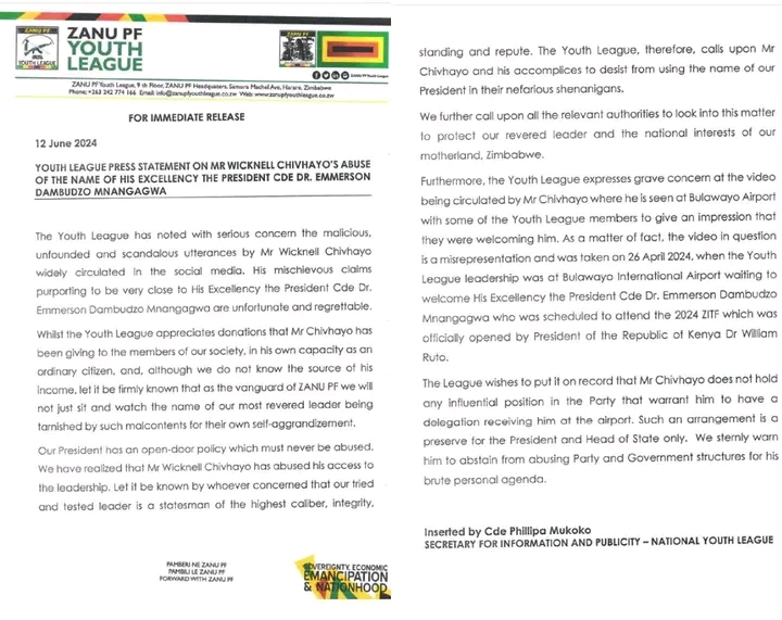 Zanu PF Youth League Fires Back at Wicknell Chivayo