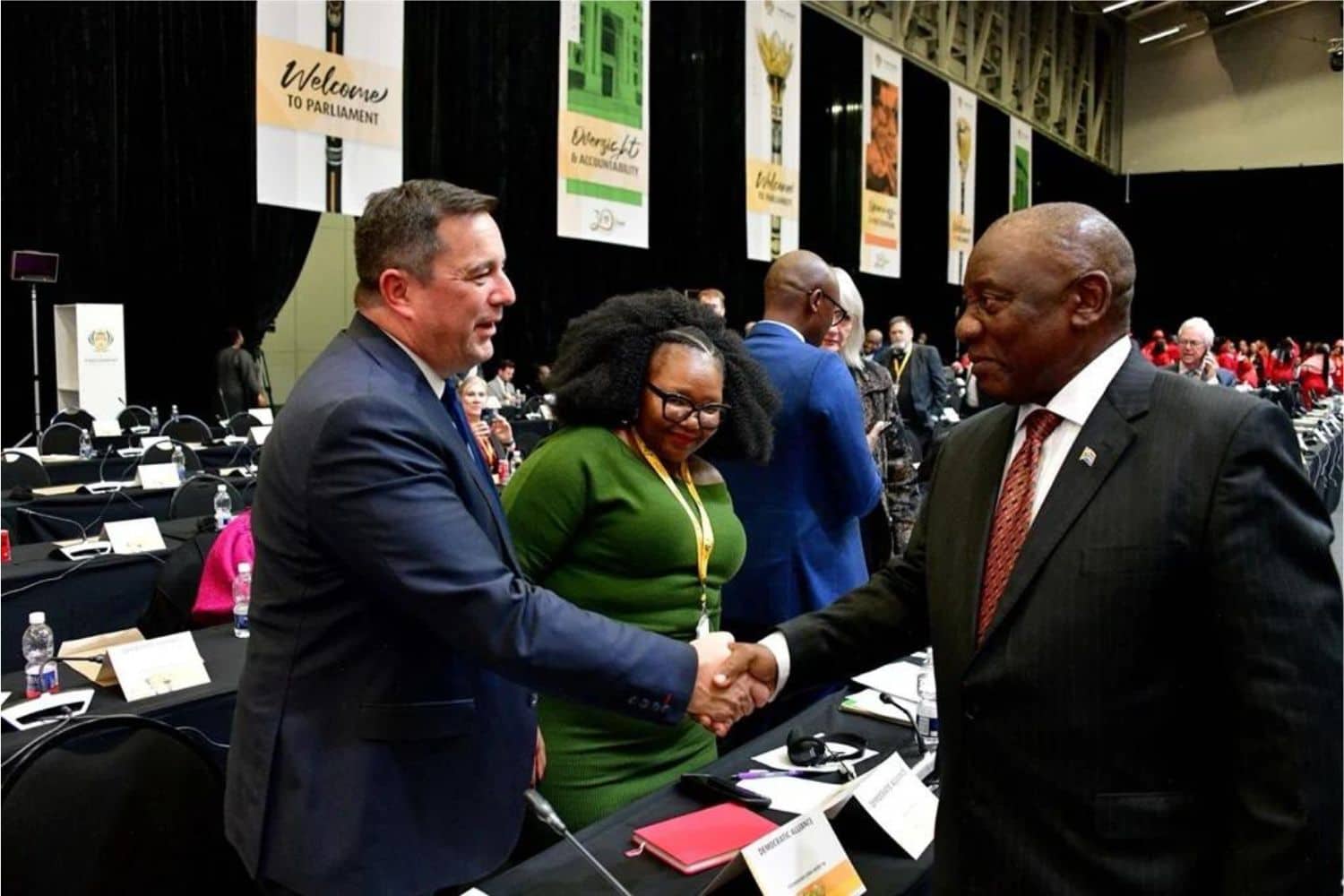 DA leader John Steenhuisen, DA MP Siviwe Gwarube and ANC president Cyril Ramaphosa