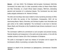 The Zimbabwe Anti-Corruption Commission says it will interview Chivayo and company over possible money laundering and other crimes.