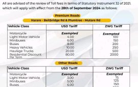 Zimbabwe Introduces Steep Tollgate Fee Hikes Effective Immediately