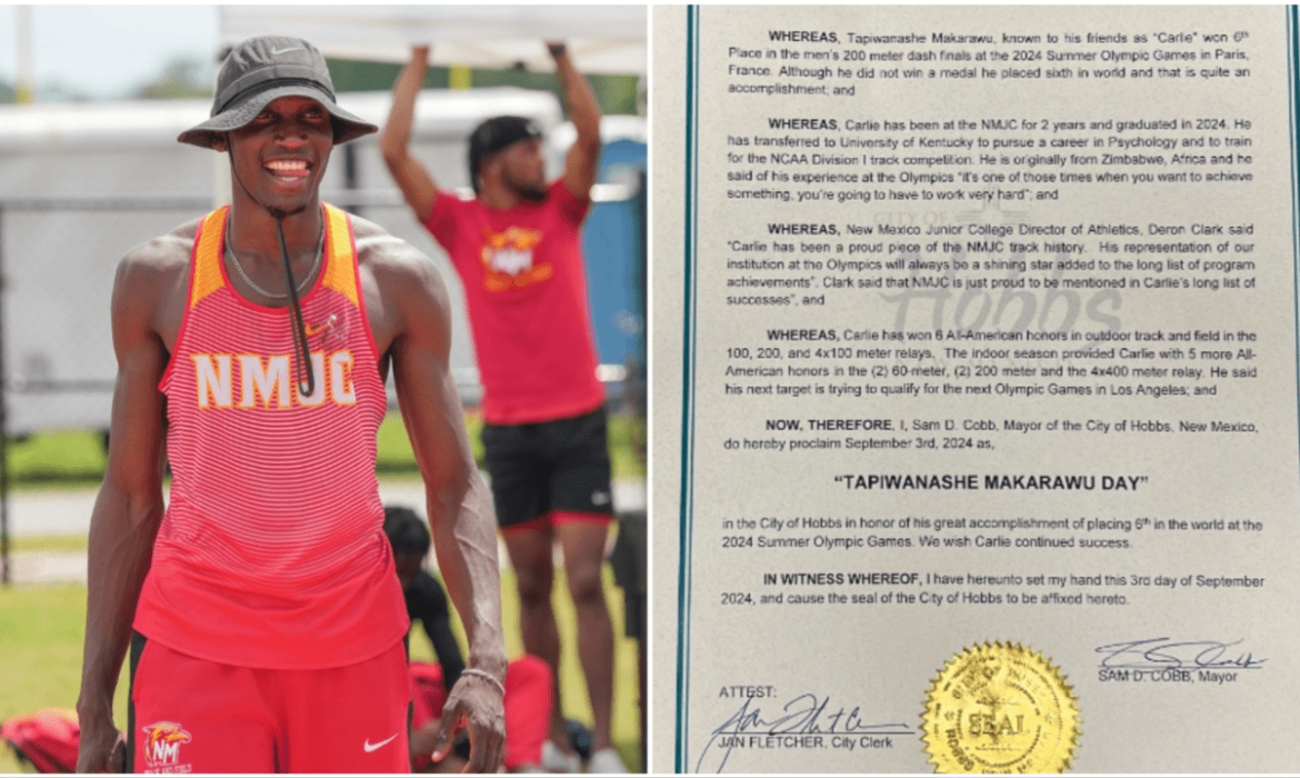 US City Proclaims Tapiwanashe Makarawu Day Following Zimbabwean Sprinter’s Impressive Paris Olympics Performance 