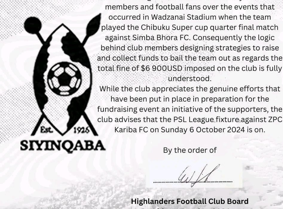 Highlanders FC Confirm Participation in PSL Fixture Against ZPC Kariba Amid Boycott Speculation