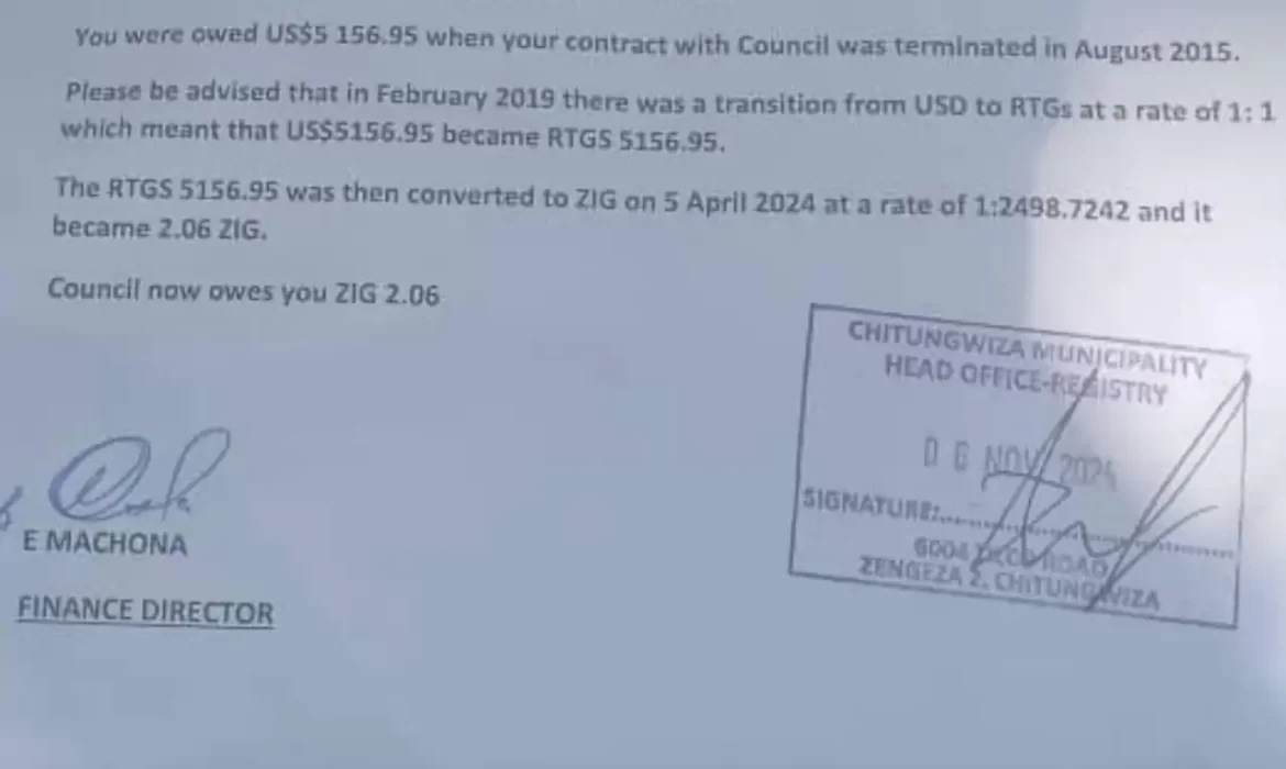 Outrage as Worker’s $5 000 USD Arrears Slashed to 8 Cents by Chitungwiza Council