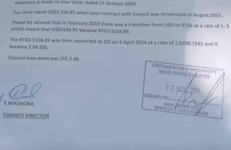 Outrage as Worker’s  000 USD Arrears Slashed to 8 Cents by Chitungwiza Council