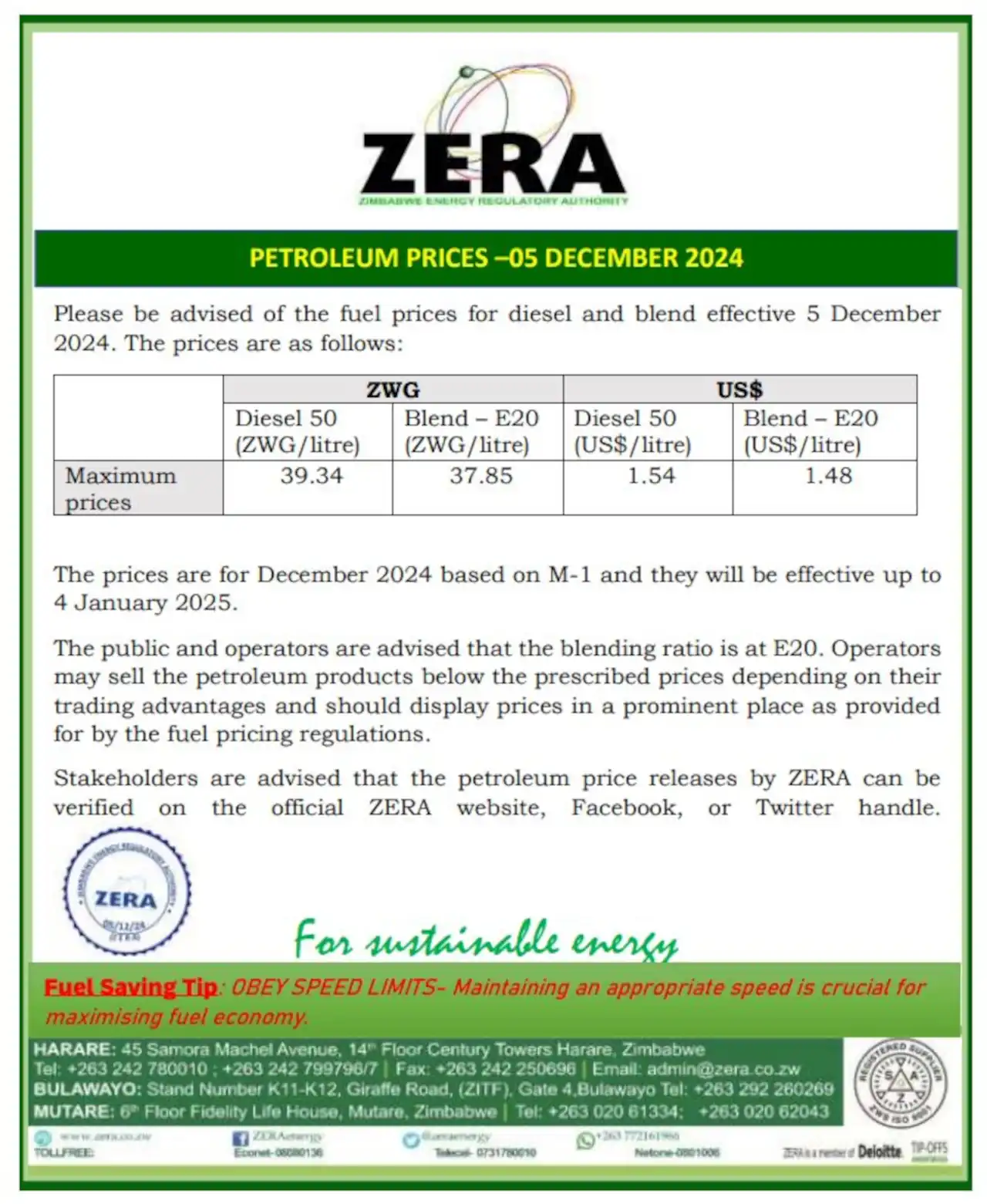 ZERA Fuel Prices December 2024