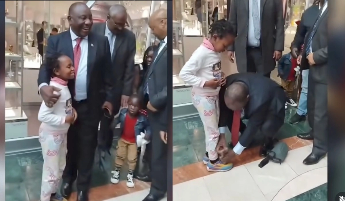 President Ramaphosa Ties Young Girl's Shoelaces at Mall