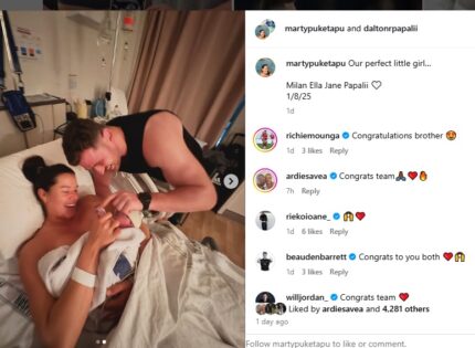In pictures: All Blacks star Dalton Papalii’s wife gives birth