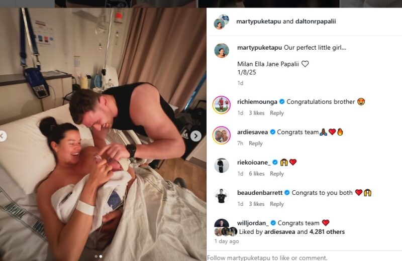 In pictures: All Blacks star Dalton Papalii’s wife gives birth
