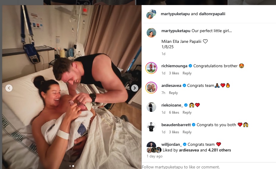 In pictures: All Blacks star Dalton Papalii’s wife gives birth