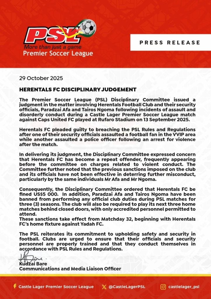 PSL Herentals Disciplinary judgement