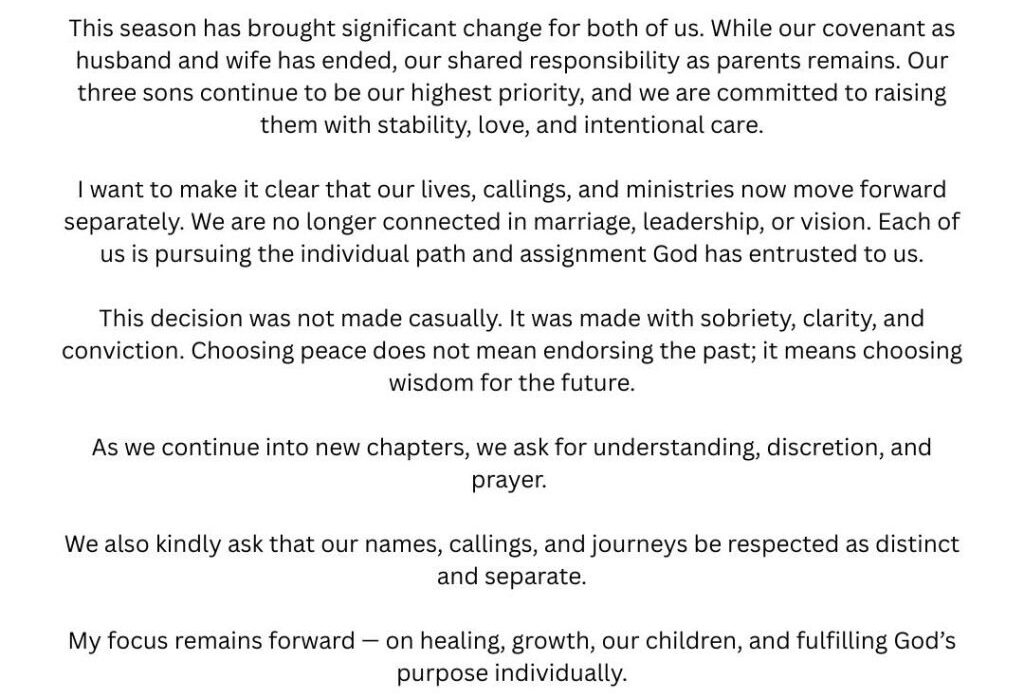 STATEMENT: Passion Java and his wife Lily divorces