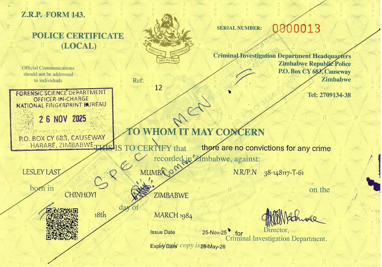 ZRP Introduces Yellow Local Police Clearance Certificate: What It Means For You