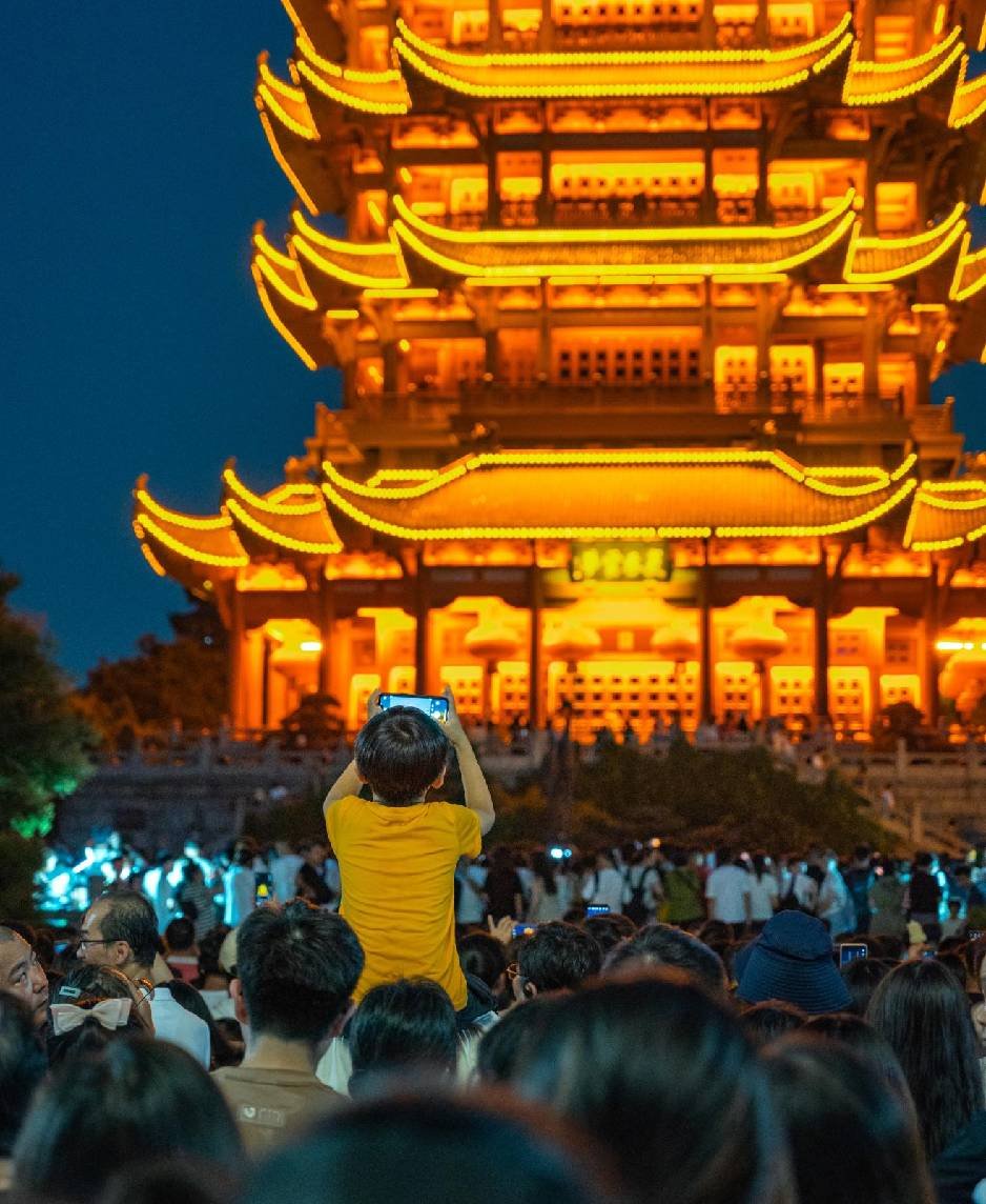 Night view of the Yellow Crane Tower in Wuhan.